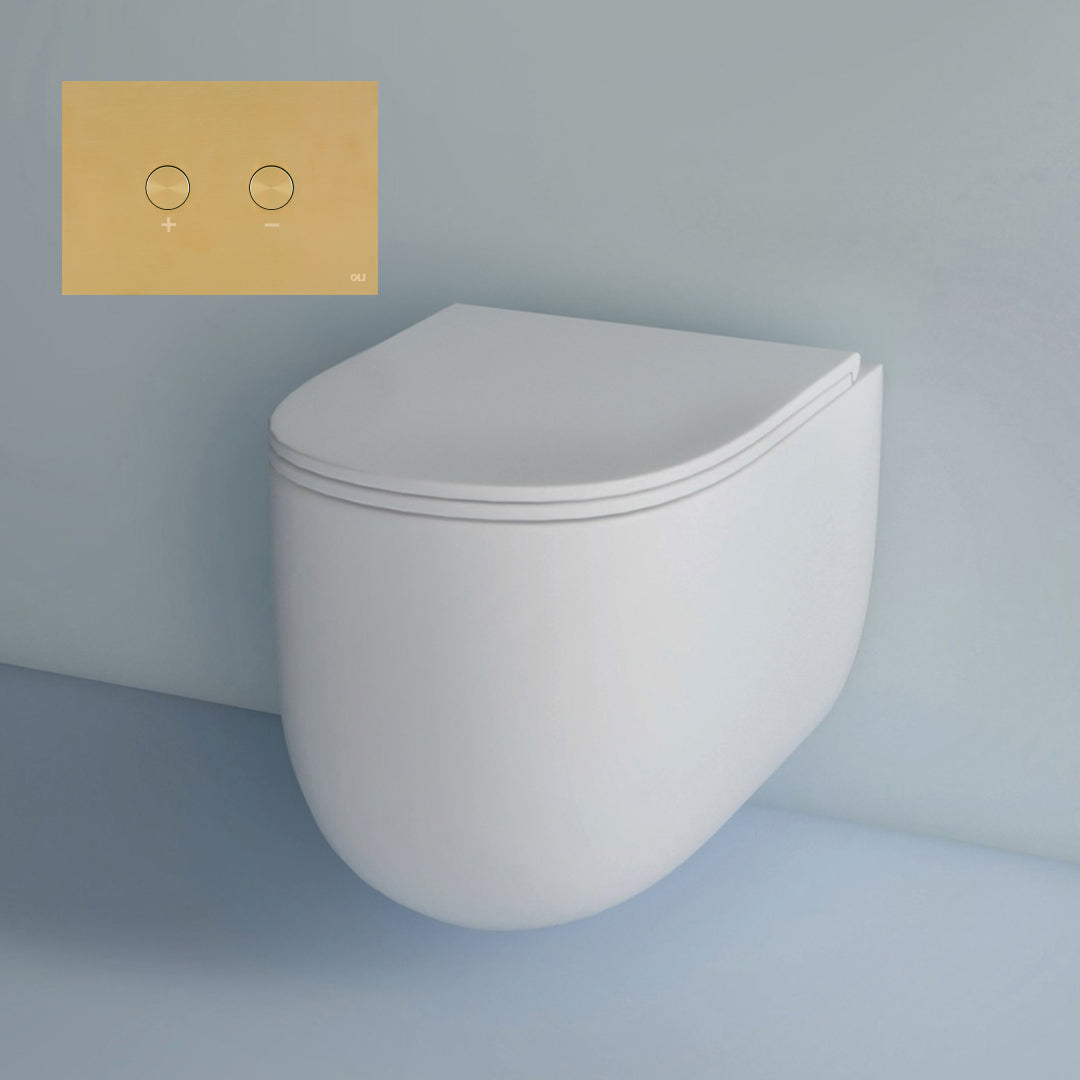 Studio Bagno Milady Wall Hung Matte White Pan Including Pneumatic Expert Evo Low Level Under Bench Cistern & Brass Button - MIL003/MW + 721706/PN + OL0883246/BR