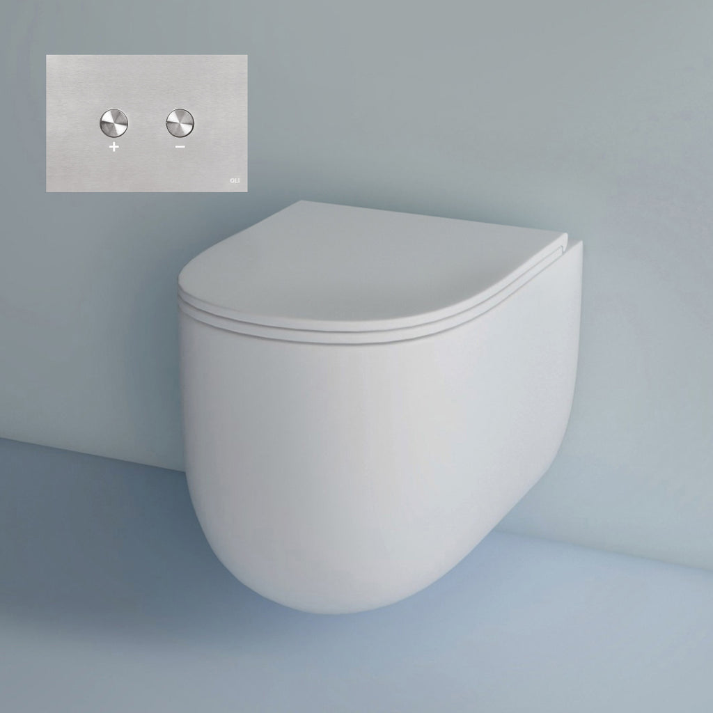 Studio Bagno Milady Wall Hung Matte White Pan Including Pneumatic Expert Evo Low Level Under Bench Cistern & Brushed Stainless Steel Button - MIL003/MW + 721706/PN + OL093399