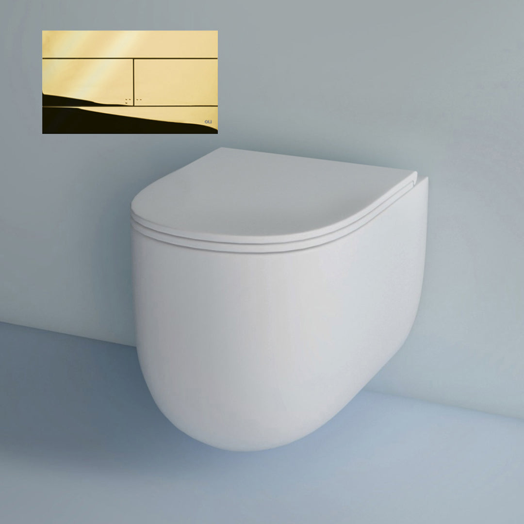 Studio Bagno Milady Wall Hung Matte White Toilet Including Mechanical Expert Evo Low Level Under Bench Cistern & Gold Button - MIL003/MW + 721706/MC + OL154962