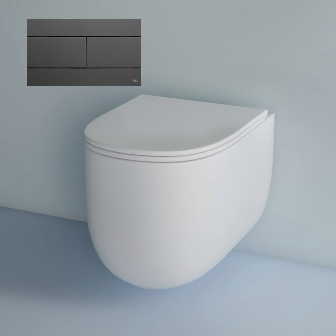Studio Bagno Milady Wall Hung Matte White Toilet Including Mechanical Expert Evo Low Level Under Bench Cistern & Grey Soft Touch Button - MIL003/MW + 721706/MC + OL010216