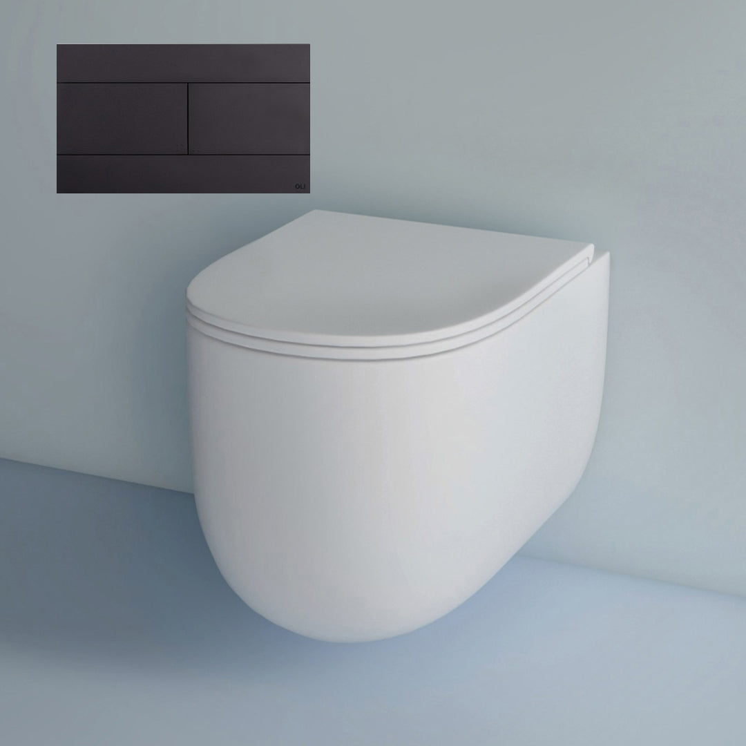 Studio Bagno Milady Wall Hung Matte White Toilet Including Mechanical Expert Evo Low Level Under Bench Cistern & Matte Black Button - MIL003/MW + 721706/MC + OL0659056