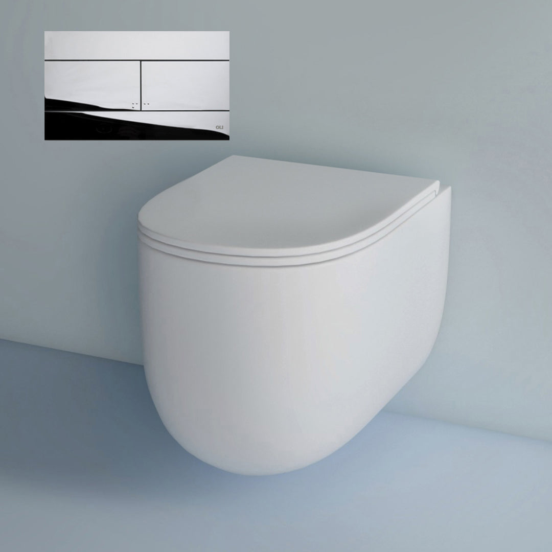 Studio Bagno Milady Wall Hung Matte White Toilet Including Mechanical Expert Evo Low Level Under Bench Cistern & Polished Chrome Button - MIL003/MW + 721706/MC + OL0659044
