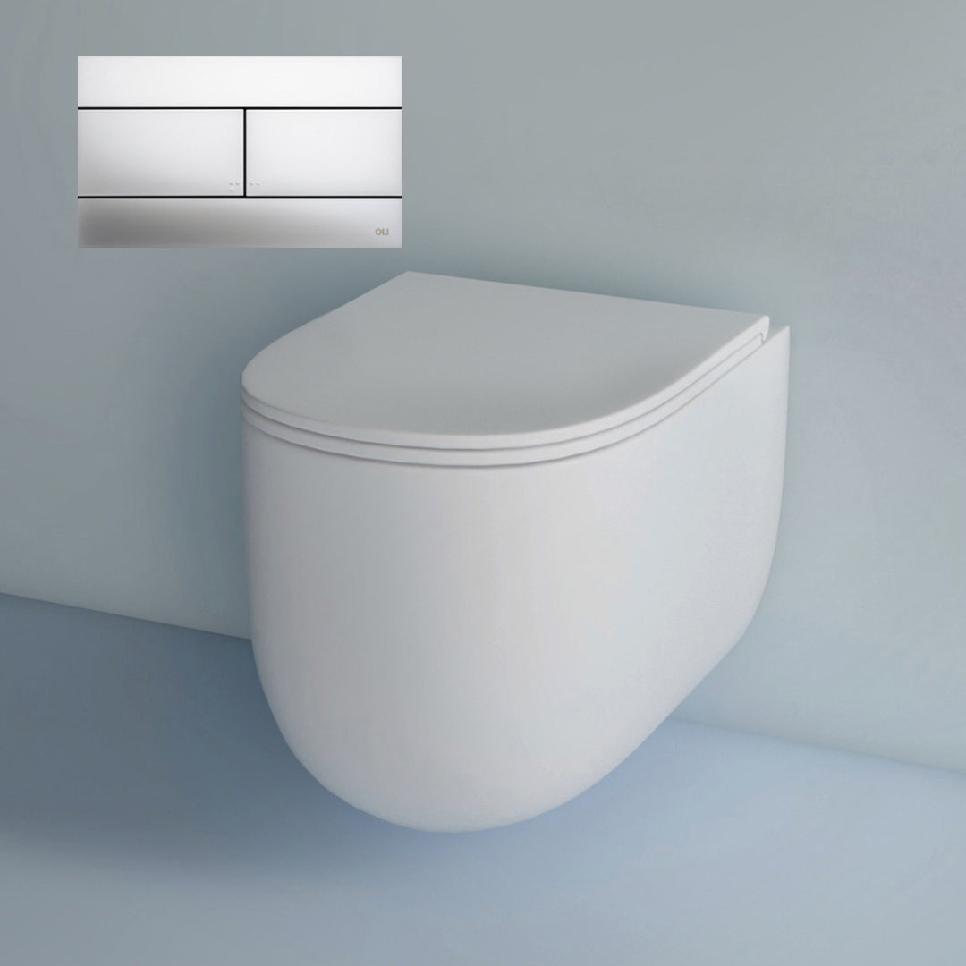 Studio Bagno Milady Wall Hung Matte White Toilet Including Mechanical Expert Evo Low Level Under Bench Cistern & Satin Chrome Button - MIL003/MW + 721706/MC + OL0659046