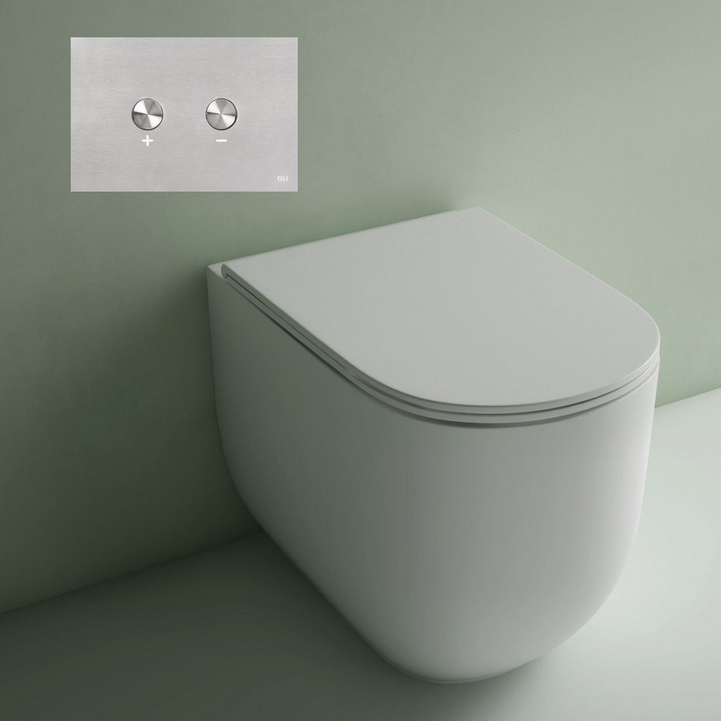 Studio Bagno Milady Gloss White Wall Faced Toilet Including OLI 74 (Pneumatic) Cistern Package & Brushed Stainless Steel Button - MIL002 + 601602/PN + OL093399