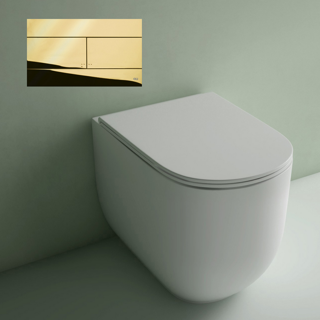 Studio Bagno Milady Gloss White Wall Faced Toilet Including OLI 74 (Mechanical) Cistern Package & Gold Button - MIL002 + 601602/MC + OL154962