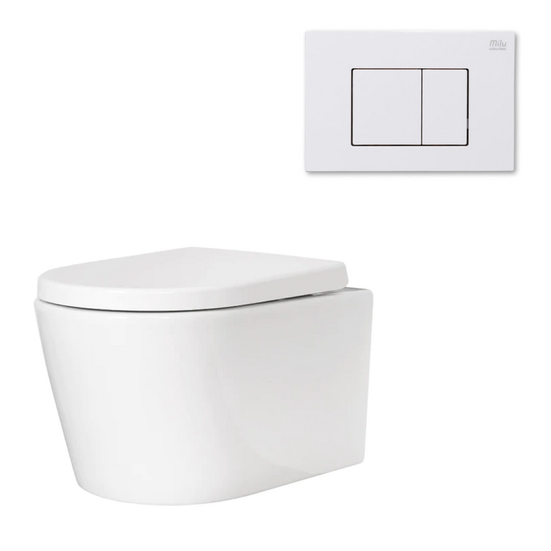 Milu Odourless Mod Wall Hung Toilet Package Includes Pan, Seat, Cistern & Button