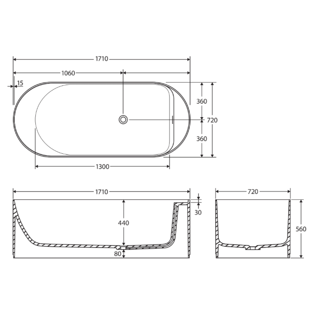 Fienza Minka 1700 Solid Surface Freestanding Bath - Matte White - ST20-1700