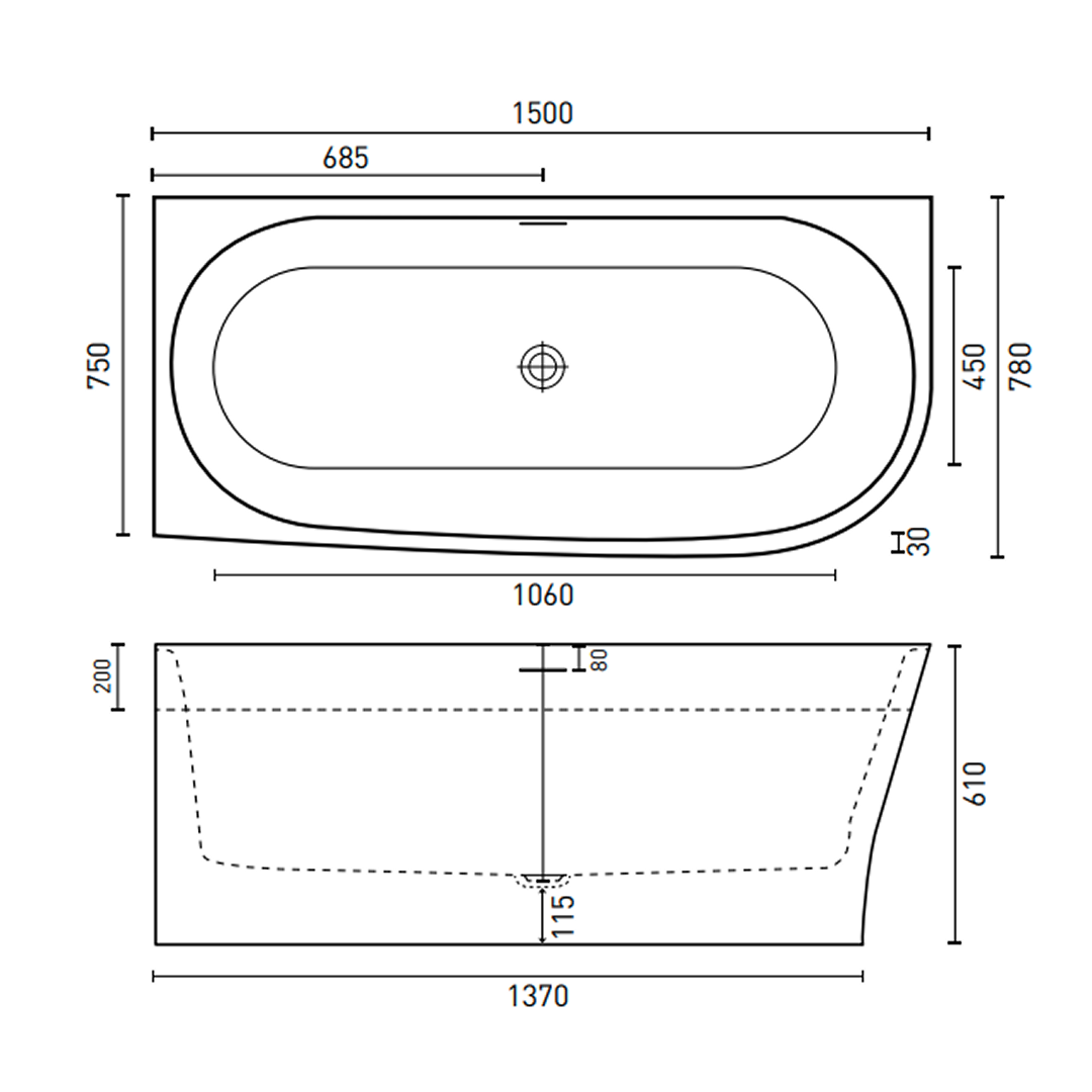 Decina Natalia 1500 Back-to-Corner Freestanding Bath (Right) - NA1500RWIO