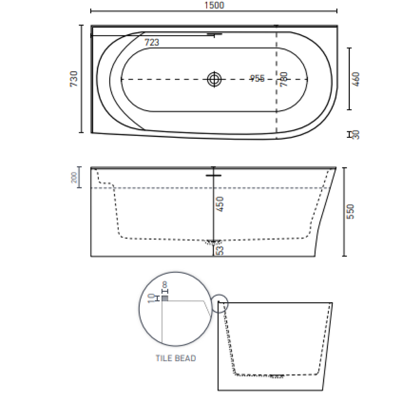 Decina Natalia 1500 Back-to-Corner Freestanding Bath (Right) - NA1500RWIO
