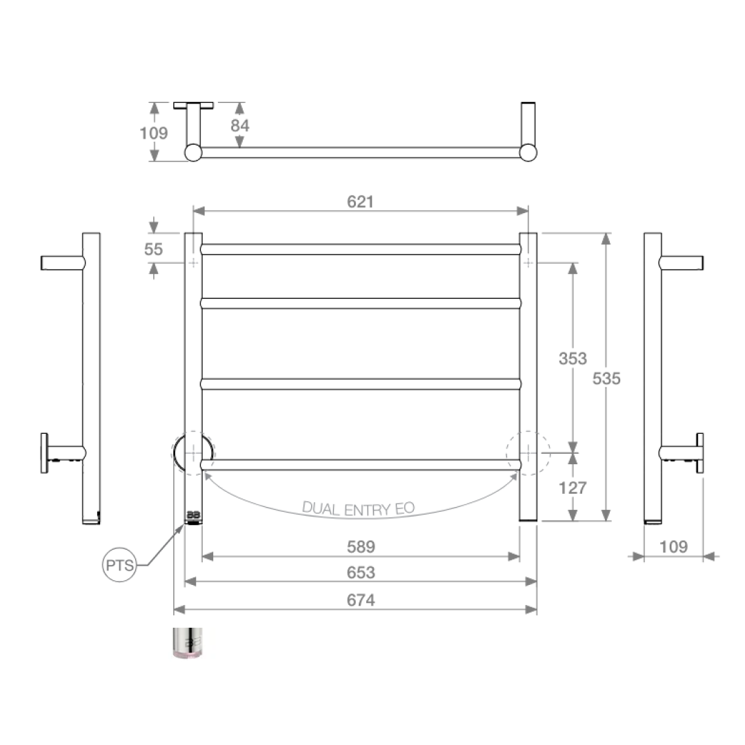 Bathroom Butler Natural 4 Bar 650 Heated Towel Rail with PTSelect Swtich - Stainless Steel - NAT04231-PTS-POLS