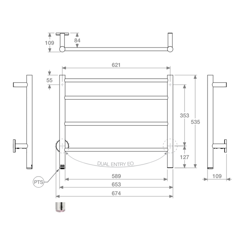 Bathroom Butler Natural 4 Bar 650 Heated Towel Rail with PTSelect Swtich - Stainless Steel