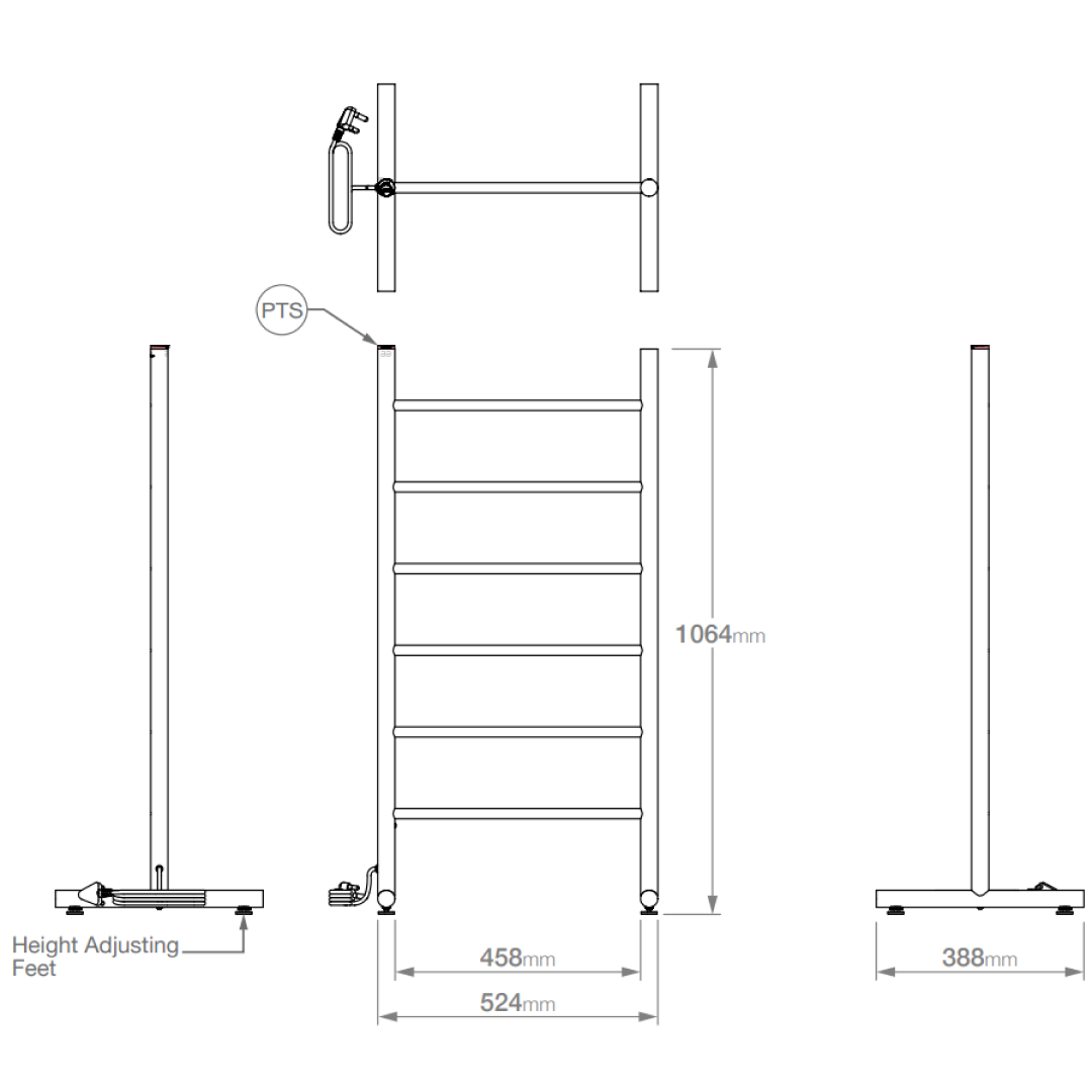 Bathroom Butler Natural Freestanding 6 Bar 500mm Heated Towel Rail with PTSelect Switch - NAT06223-PTS-POLS