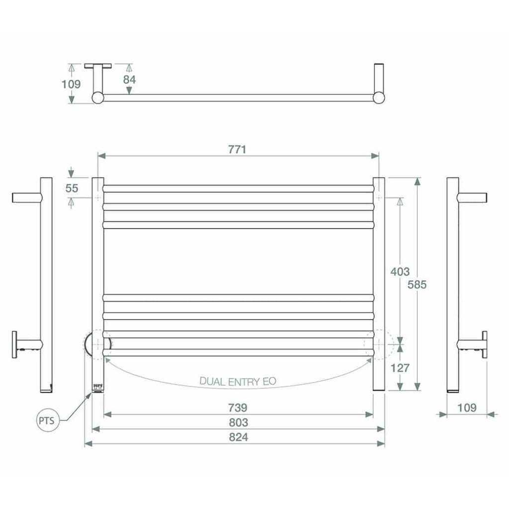 Bathroom Butler STR Natural 7 Bar 800mm Heated Towel Rail w/PTSelect Switch - Stainless Steel - NAT07241-PTS-POLS