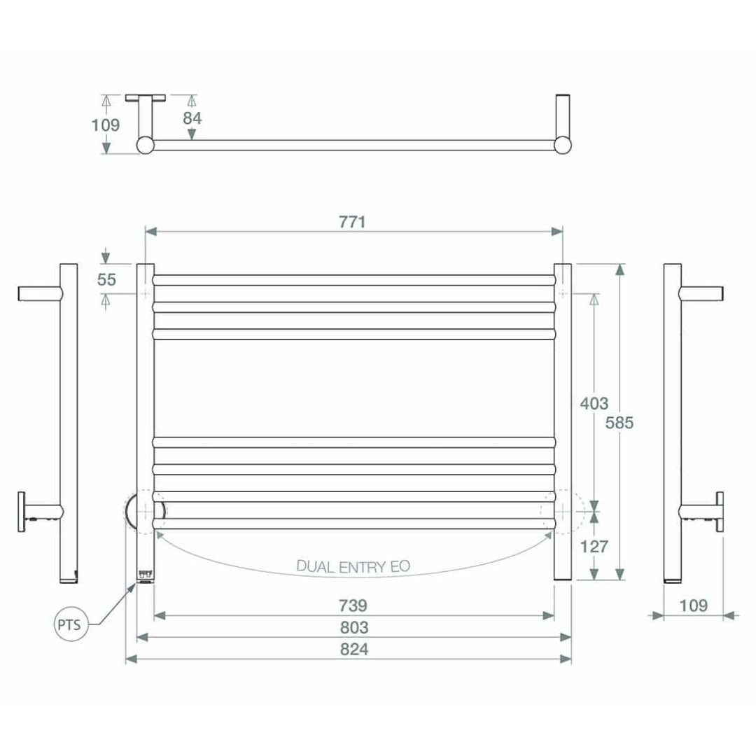 Bathroom Butler STR Natural 7 Bar 800mm Heated Towel Rail w/PTSelect Switch - Stainless Steel - NAT07241-PTS-POLS