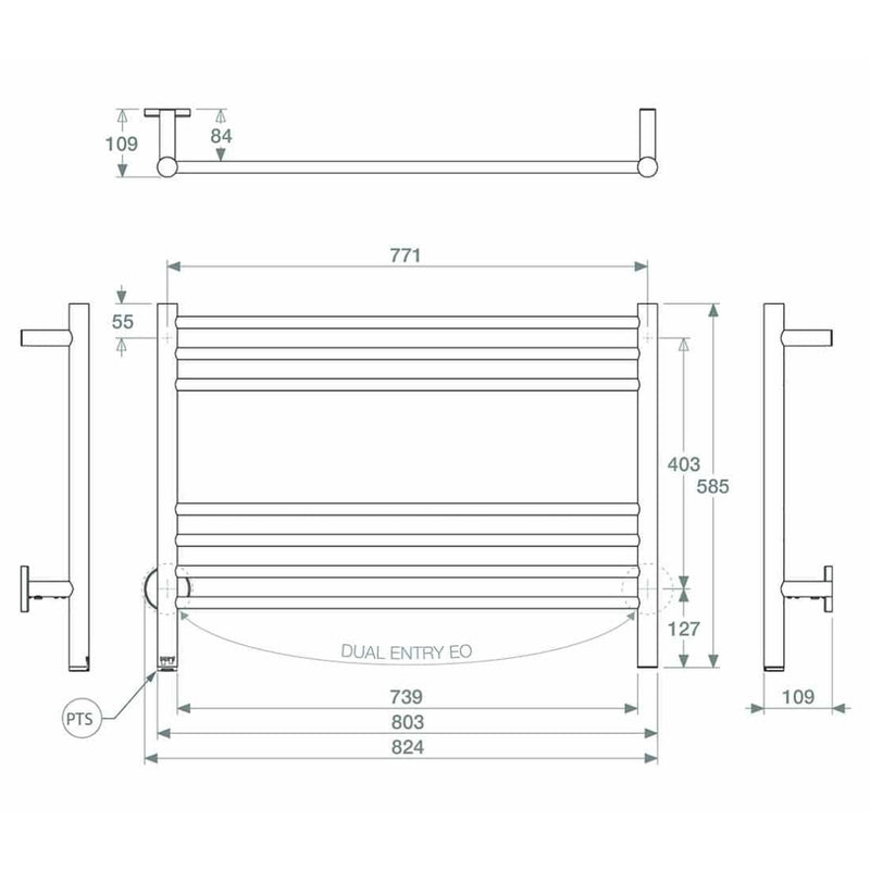 Bathroom Butler STR Natural 7 Bar 800mm Heated Towel Rail w/PTSelect Switch - Stainless Steel