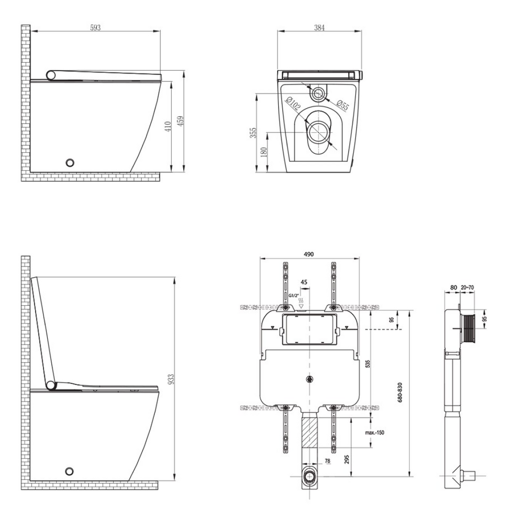 Streamline Arcisan Neion Wall Faced Intelligent Toilet with Remote, Arcisan Cistern - Includes Eneo Matte Black Button - NE041005 + EN04470.MB