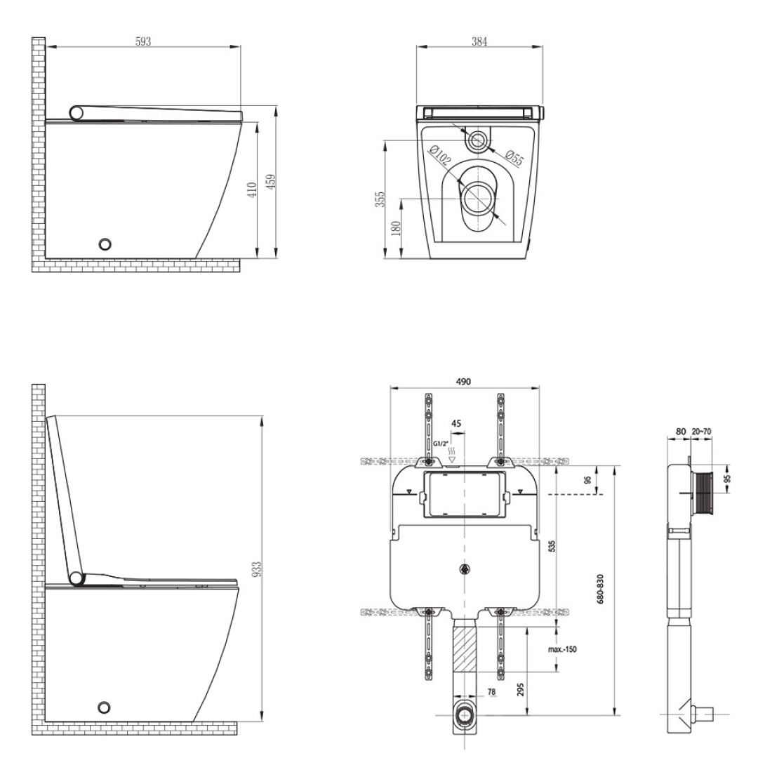 Streamline Arcisan Neion Wall Faced Intelligent Toilet with Remote - Includes Concealed Cistern - NE041005