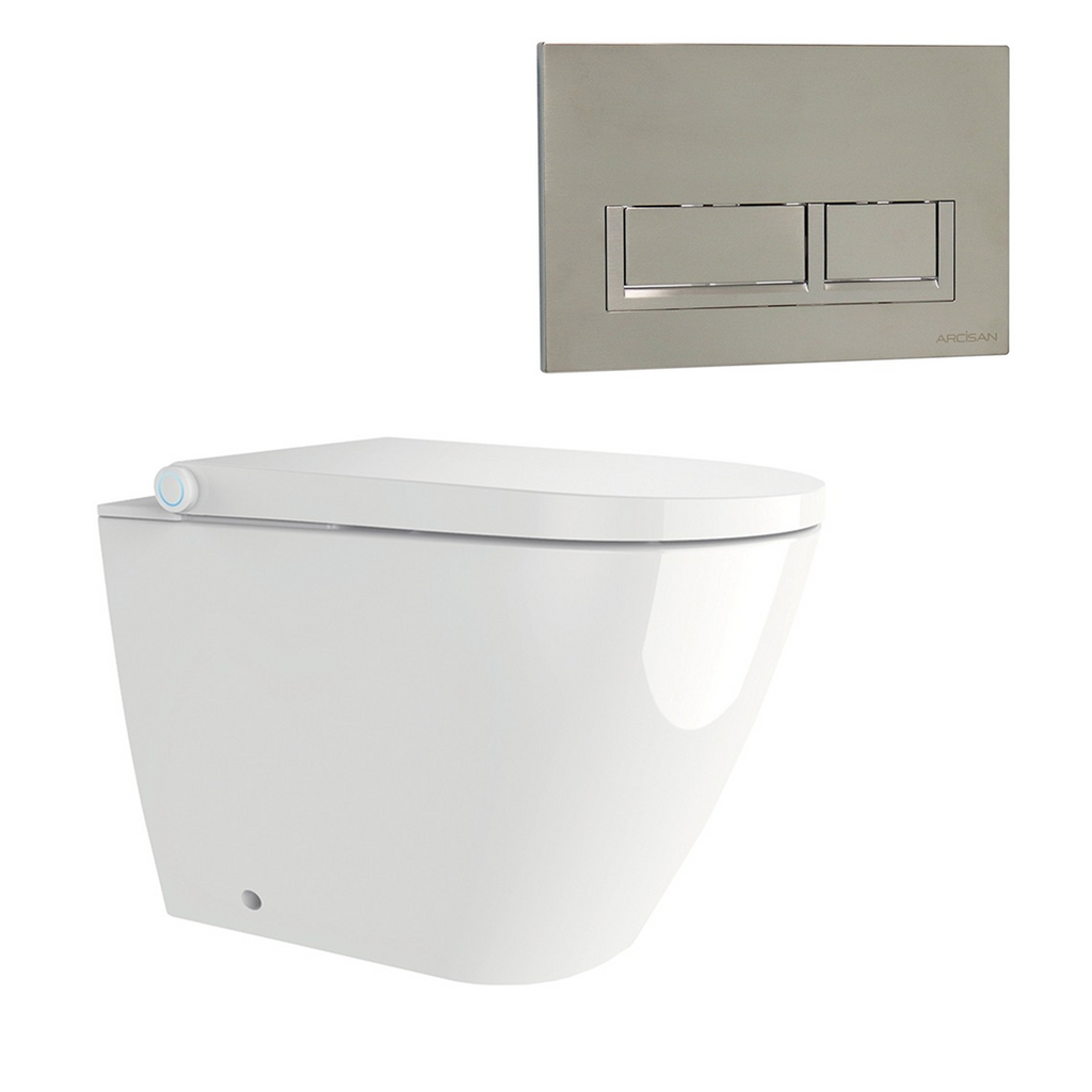 Streamline Arcisan Neion Wall Faced Intelligent Toilet with Remote, Arcisan Cistern - Includes Xoni Brushed Nickel Button - NE041005 + XN04470.SN