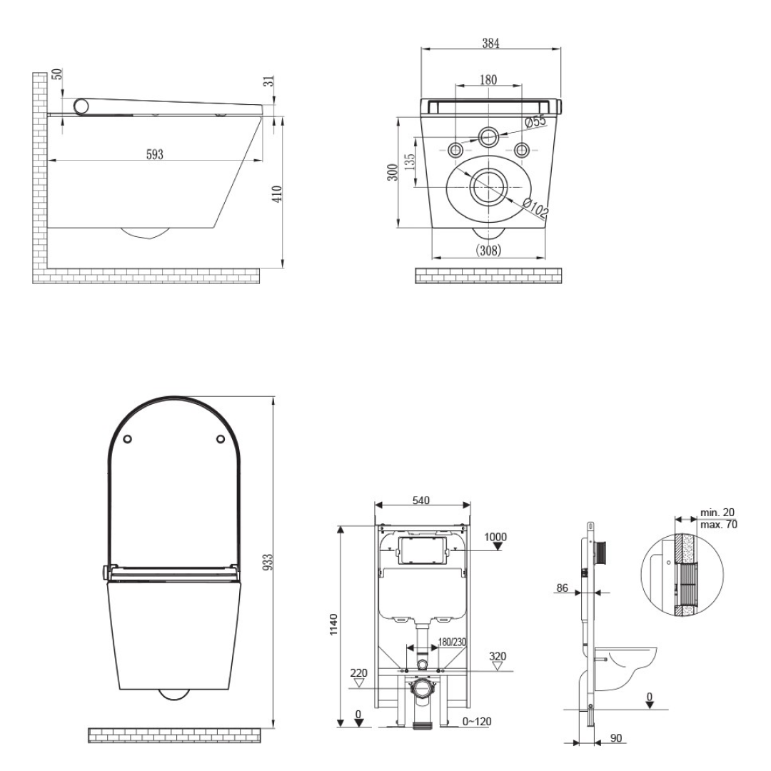 Streamline Arcisan Neion Wall Hung Intelligent Toilet with Remote, Arcisan Cistern & Frame - Includes Xoni Brushed Iron Button - NE041305 + XN04470.BI