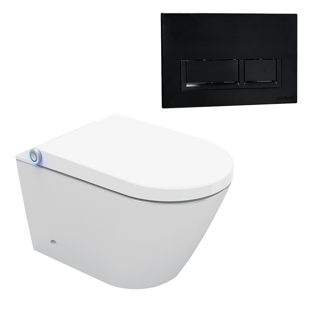 Streamline Arcisan Neion Wall Hung Intelligent Toilet with Remote, Arcisan Cistern & Frame - Includes Xoni Brushed Iron Button - NE041305 + XN04470.BI