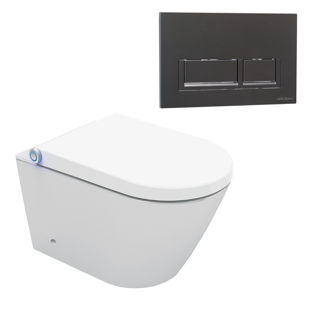 Streamline Arcisan Neion Wall Hung Intelligent Toilet with Remote, Arcisan Cistern & Frame - Includes Xoni Brushed Gun Metal Button - NE041305 + XN04470.GM