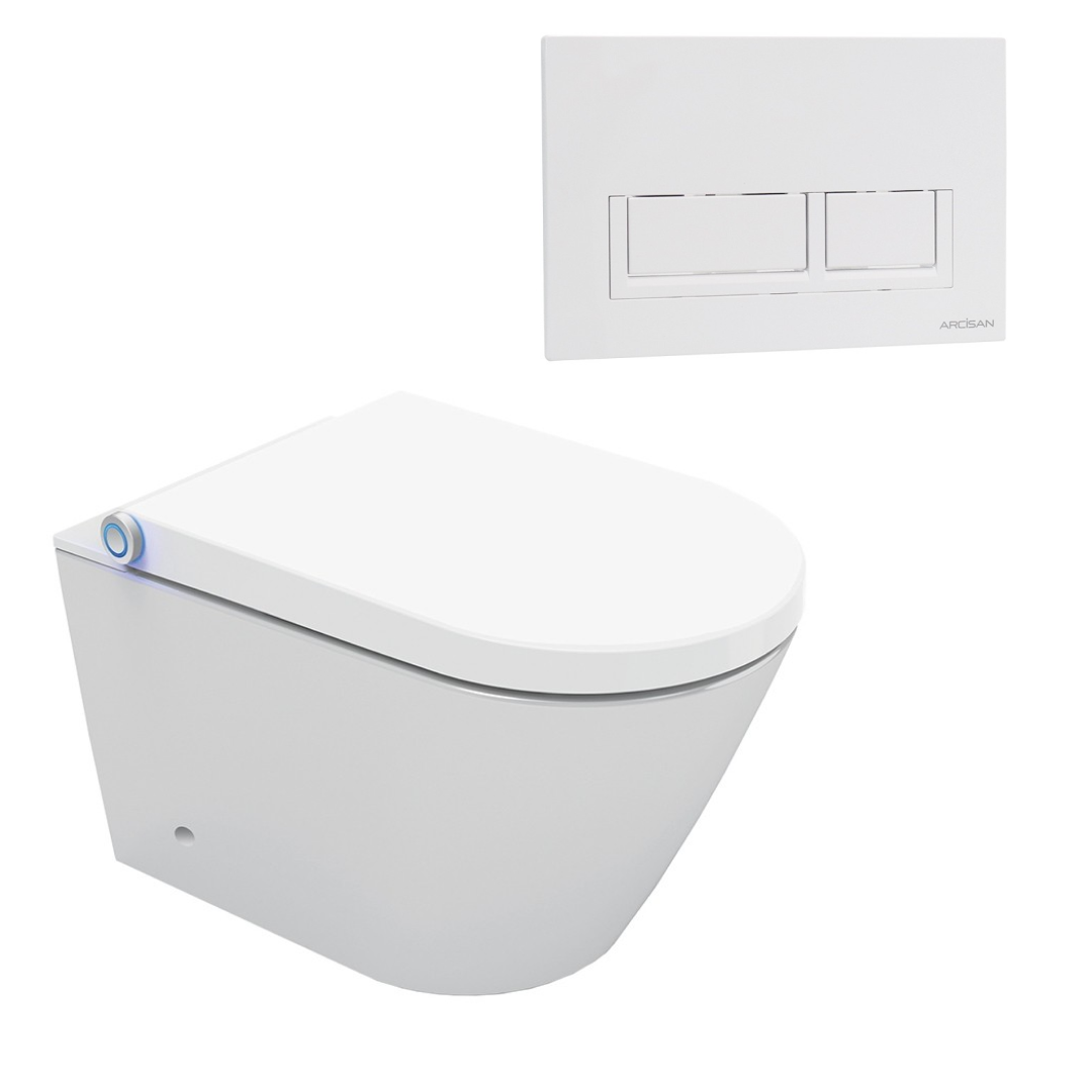 Streamline Arcisan Neion Wall Hung Intelligent Toilet with Remote, Arcisan Cistern & Frame - Includes Xoni Gloss White Button - NE041305 + XN04470.GW
