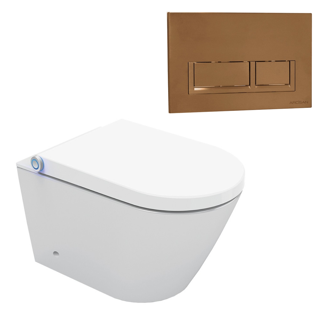 Streamline Arcisan Neion Wall Hung Intelligent Toilet with Remote, Arcisan Cistern & Frame - Includes Xoni Brushed Rose Gold Button - NE041305 + XN04470.RG1