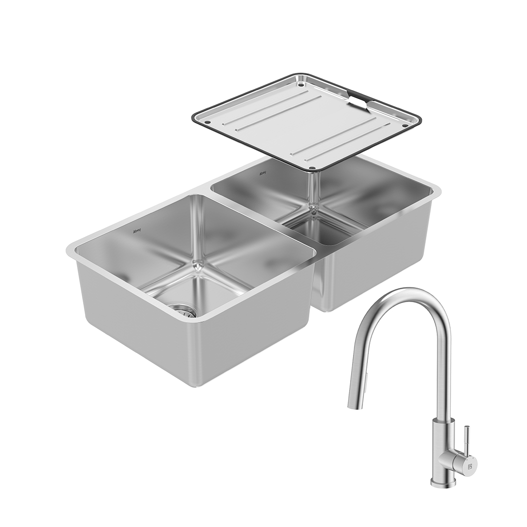 Abey Lago Double Bowl Sink Package with Gooseneck Pull-Out Sink Mixer - NL200T16