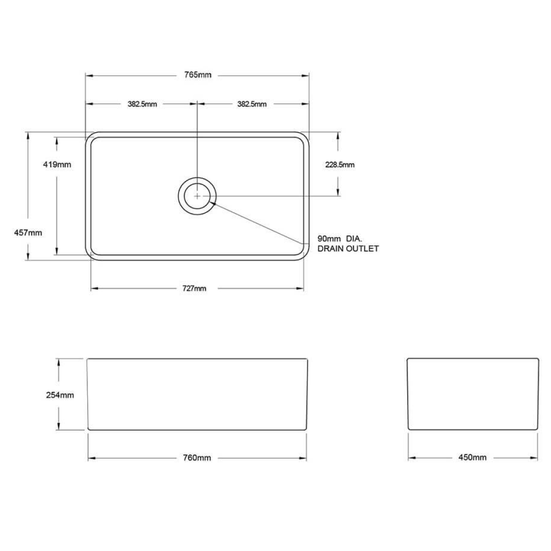 Turner Hastings Novi 75 x 46 Fireclay Butler Sink Includes Overflow - Gloss White NO75FS-OF
