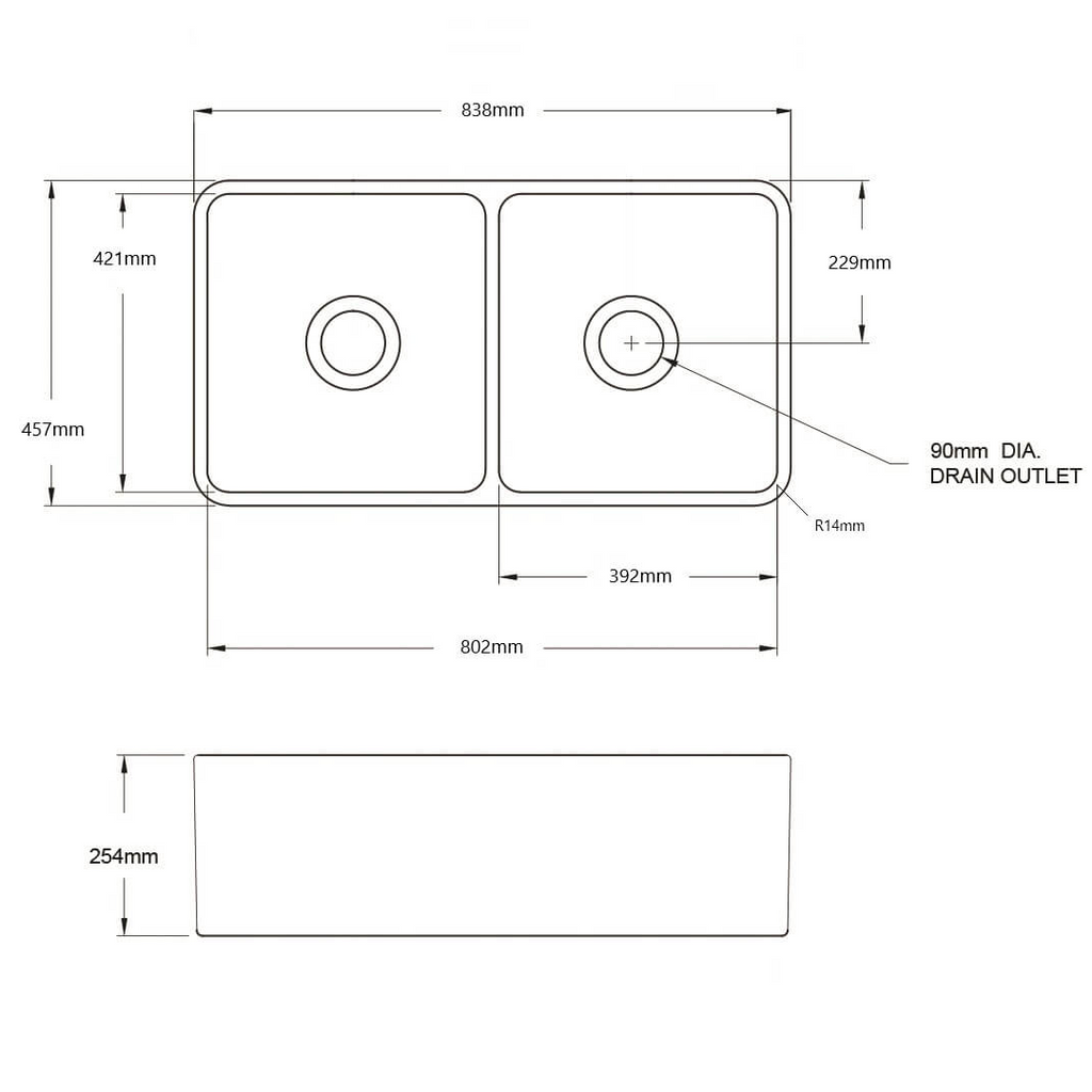 Turner Hastings Novi 84 x 46 Fireclay Double Bowl Butler Sink Includes Overflow - Matte White NO843FS-MW-OF