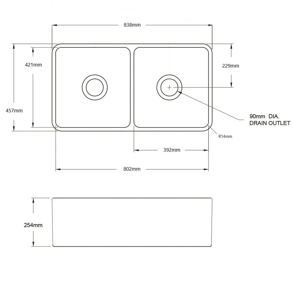 Turner Hastings Novi 84 x 46 Fireclay Double Bowl Butler Sink Includes Overflow - Matte Black NO84FS-MB-OF