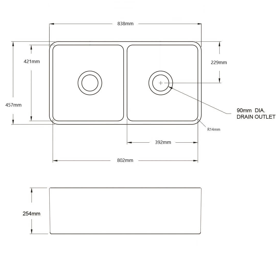 Turner Hastings Novi 84 x 46 Fireclay Double Bowl Butler Sink Includes Overflow - Matte Black NO84FS-MB-OF