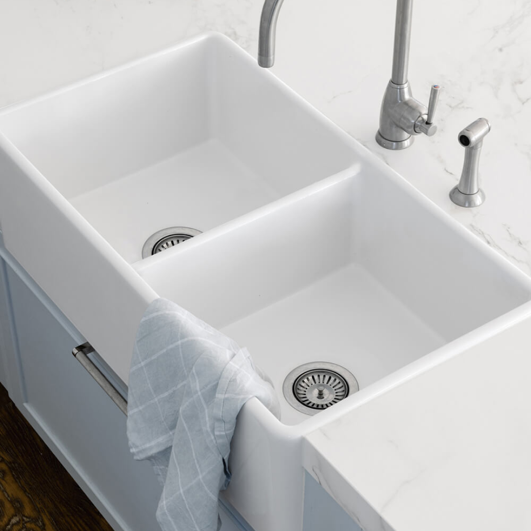 Turner Hastings Novi 84 x 46 Fireclay Double Bowl Fireclay Butler Sink Includes Overflow - Gloss White NO84FS-OF