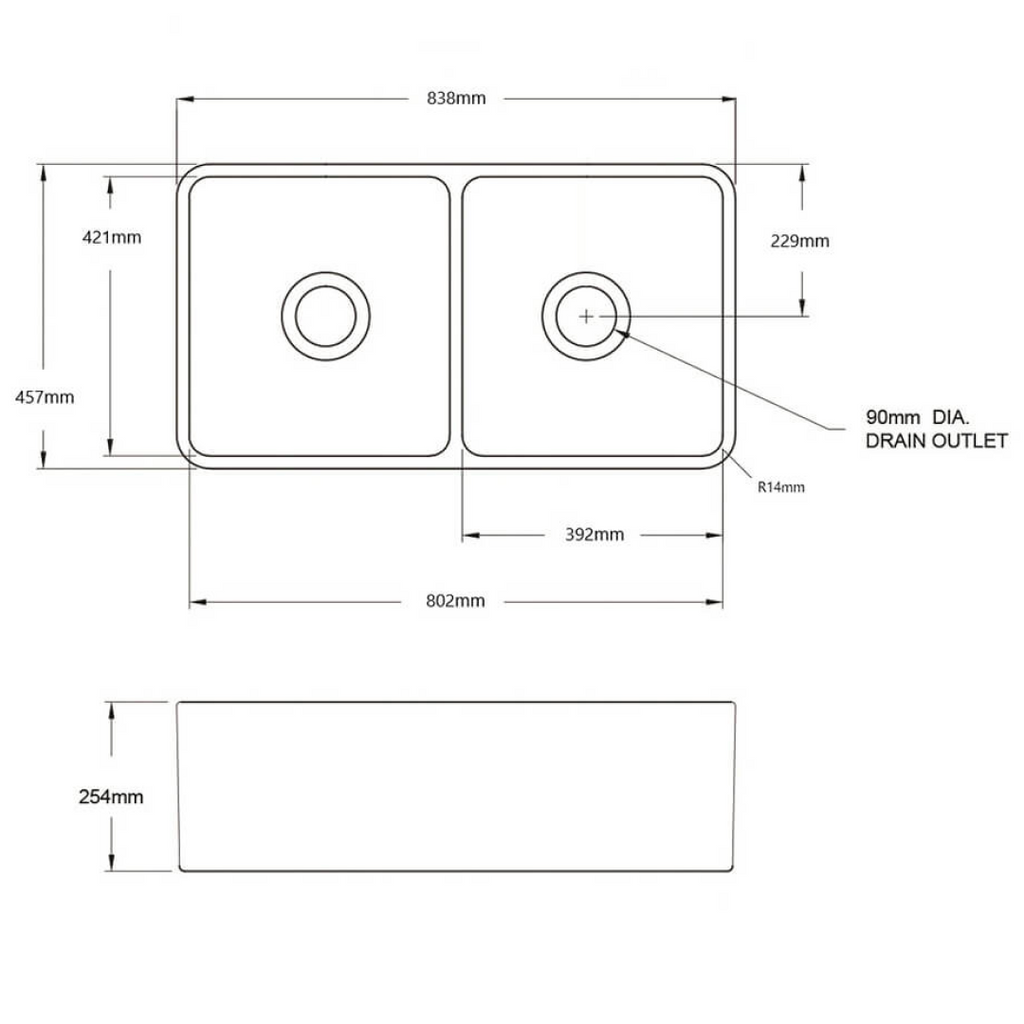 Turner Hastings Novi 84 x 46 Fireclay Double Bowl Fireclay Butler Sink Includes Overflow - Gloss White NO84FS-OF