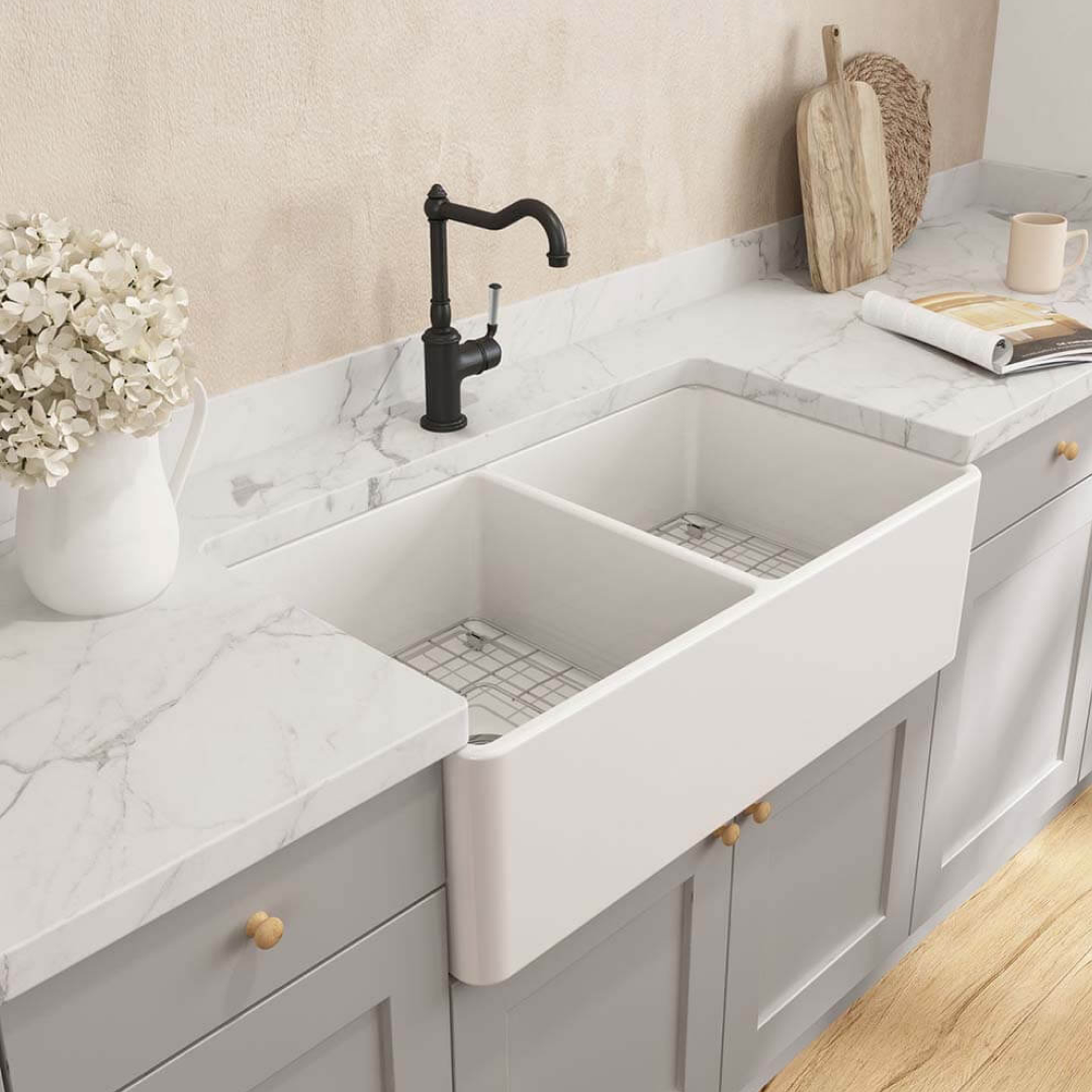 Turner Hastings Novi 85 x 46 Fireclay Double Bowl Butler Sink Includes Overflow - Matte White NO853FS-MW-OF