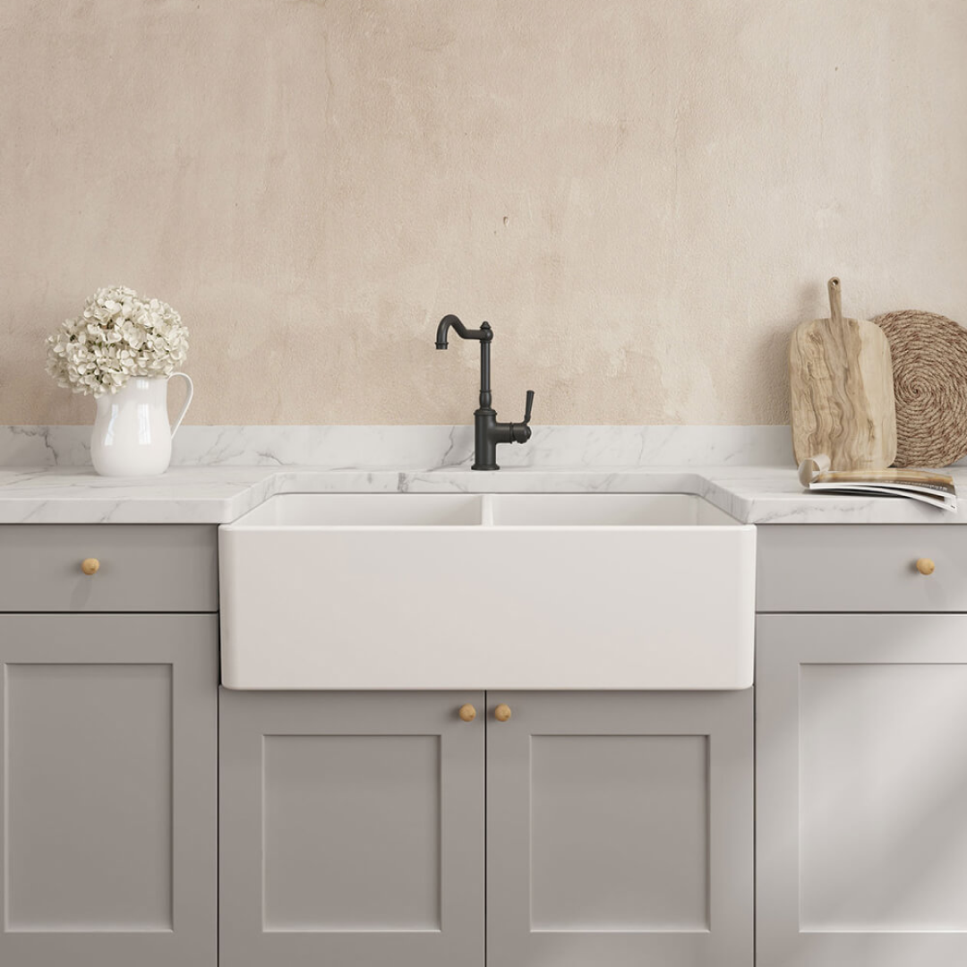 Turner Hastings Novi 85 x 46 Fireclay Double Bowl Butler Sink Includes Overflow - Matte White NO853FS-MW-OF