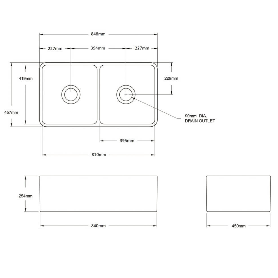Turner Hastings Novi 85 x 46 Fireclay Double Bowl Butler Sink Includes Overflow - Matte White NO853FS-MW-OF