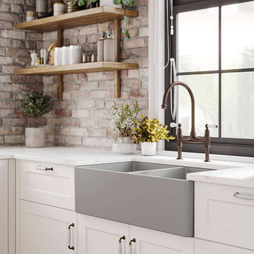 Turner Hastings Novi 85 x 46 Double Bowl Fireclay Butler Sink - Concrete Look NO854FS-CL