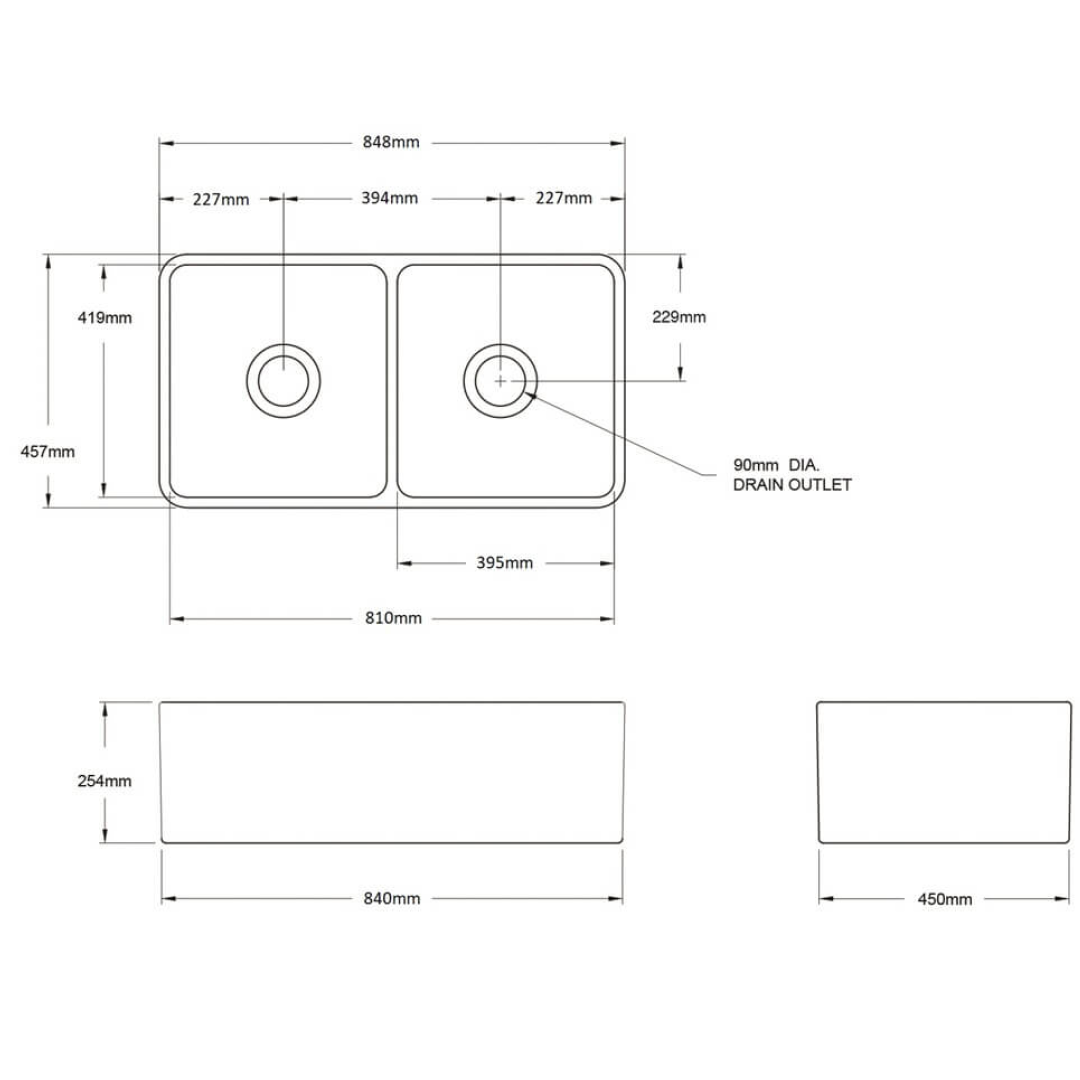 Turner Hastings Novi 85 x 46 Double Bowl Fireclay Butler Sink - Concrete Look NO854FS-CL