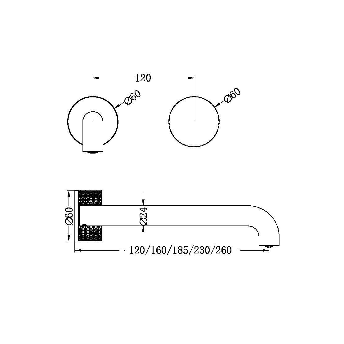 Nero Opal Progressive Wall Basin/Bath Set 120mm - Brushed Gold - NR252007A120BG
