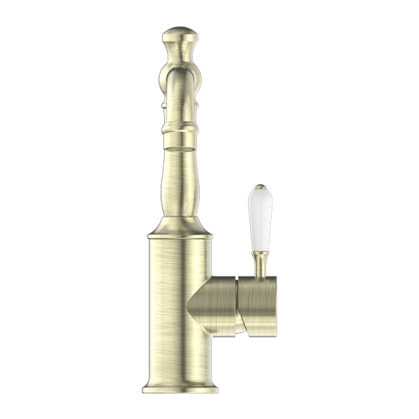 Nero York Basin Mixer With White Porcelain Lever - Aged Brass - NR69210101AB