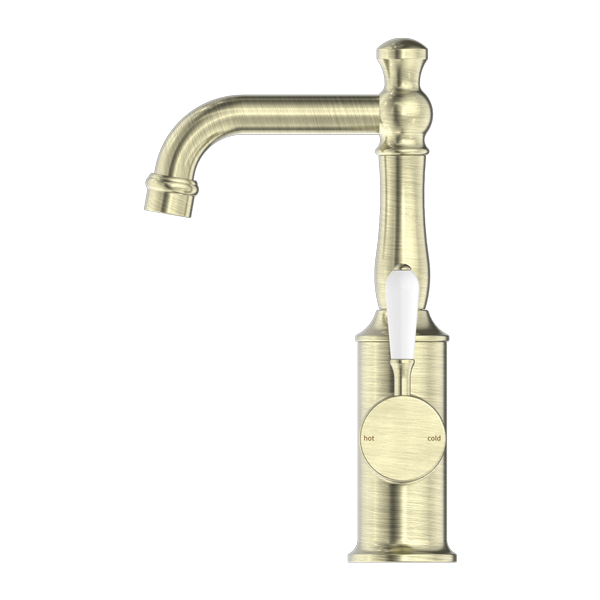 Nero York Basin Mixer With White Porcelain Lever - Aged Brass - NR69210101AB