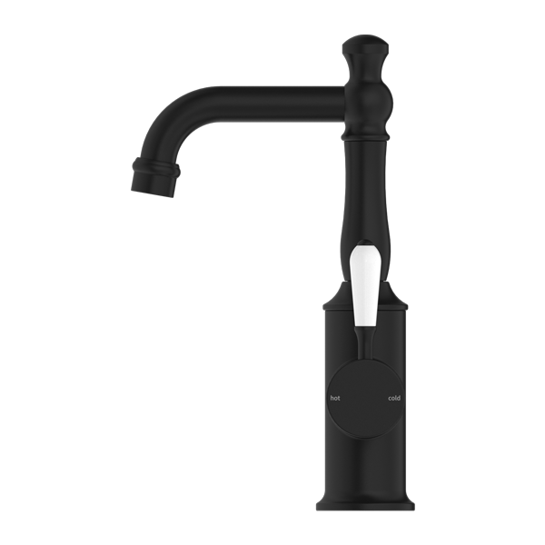 Nero York Basin Mixer With White Porcelain Lever - Matte Black