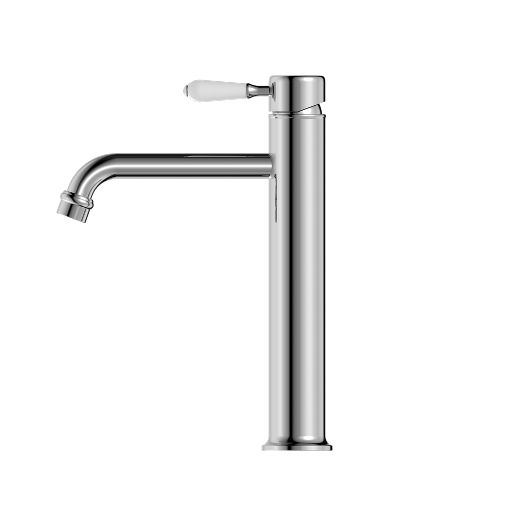 Nero York Straight Tall Basin Mixer With White Porcelain Lever - Chrome - NR692101a01CH