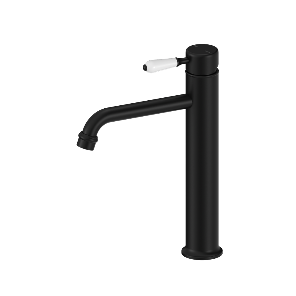 Nero York Straight Tall Basin Mixer With White Porcelain Lever - Matte Black - NR692101a01MB
