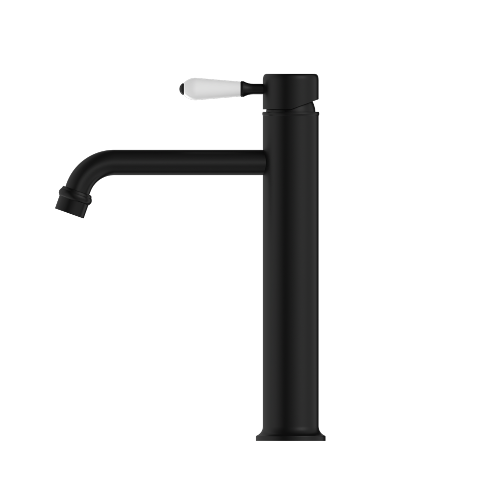 Nero York Straight Tall Basin Mixer With White Porcelain Lever - Matte Black - NR692101a01MB