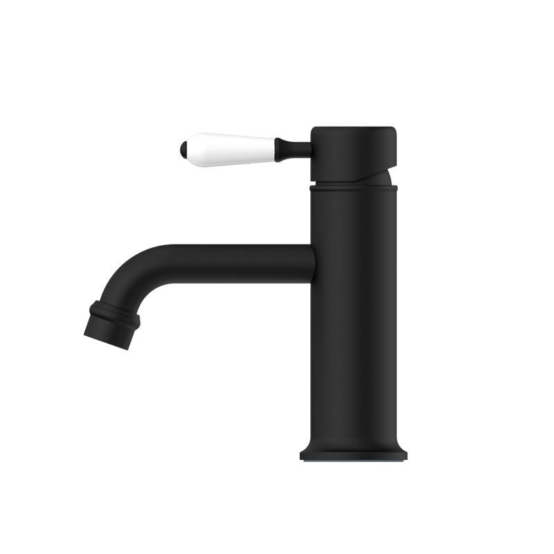 Nero York Straight Basin Mixer With White Porcelain Lever - Matte Black