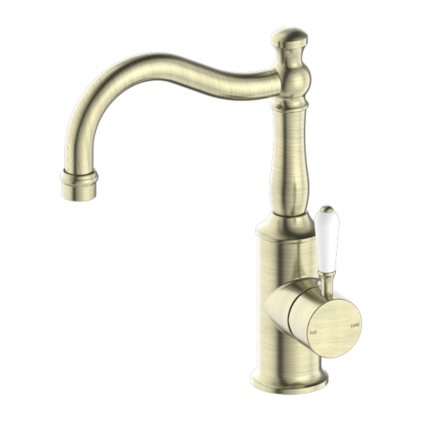 Nero York Basin Mixer Hook Spout With White Porcelain Lever - Aged Brass - NR69210201AB