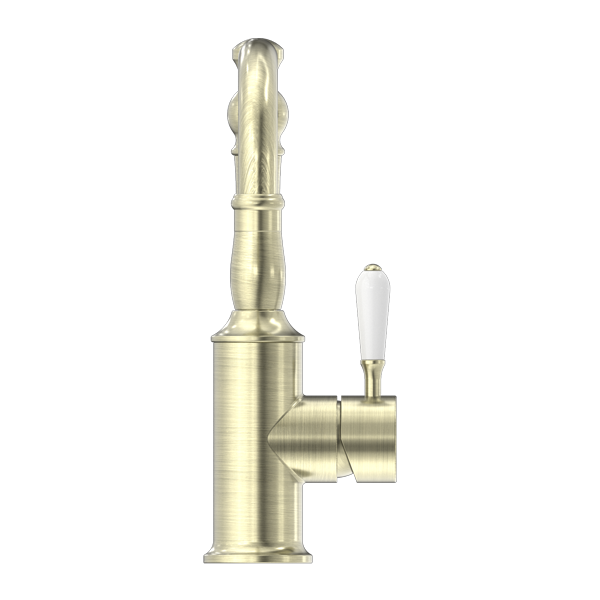 Nero York Basin Mixer Hook Spout With White Porcelain Lever - Aged Brass - NR69210201AB