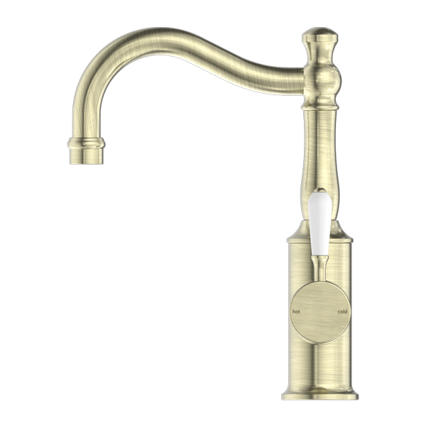 Nero York Basin Mixer Hook Spout With White Porcelain Lever - Aged Brass - NR69210201AB